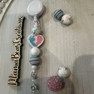 Mama Bear Creations Silicone Bead Badge Reel - Pink and Blue Foot Print Design for Labor and Delivery, Pediatric, and NICU Nurses