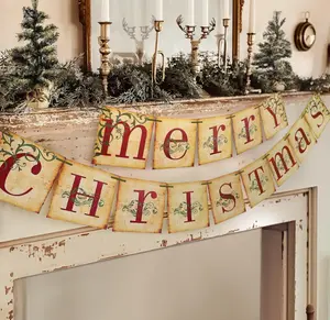 Vintage Merry Christmas Banner Retro Nostalgic Traditional Old Fashioned Victorian Xmas Holiday Clearance Decor for Indoor Home Office Fireplace Mantle Farmhouse