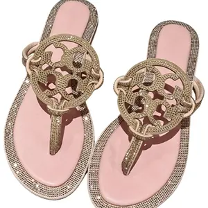 Women's Gold Rhinestone Flip Flops, Sparkly Round Cutout Flat Thong Sandals, Pink Crystal Embellished Summer Beach Slippers, Casual Open Toe Slide Sandals for Vacation Party Daily Wear