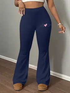 Pattern Print Women's Casual Slim Fit Flare Leg Pants, Long Regular Length, Elastic Waist, Plain Pattern, Spring Autumn Winter Home Wear