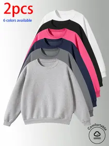 2-pack men’s sweatshirts, men’s casual tops. Skin-friendly, breathable, loose drop-shoulder long-sleeve pullover top; minimalist solid color sweatshirt with a crew neck that helps conceal bulges and create a slimmer look, versatile for various outfits. Av