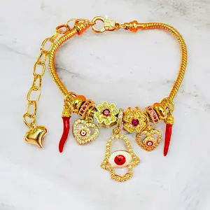Female 18K Gold Plated Evil Eye & Hamsa Protection Charm Bracelet - Adjustable Bangle (7-in Length with 3-in Extender), Casual Trendy Jewelry, Fashionable Bracelet, Jewelry Accessory, Secure Comfortable Fit, Ideal for Gifting