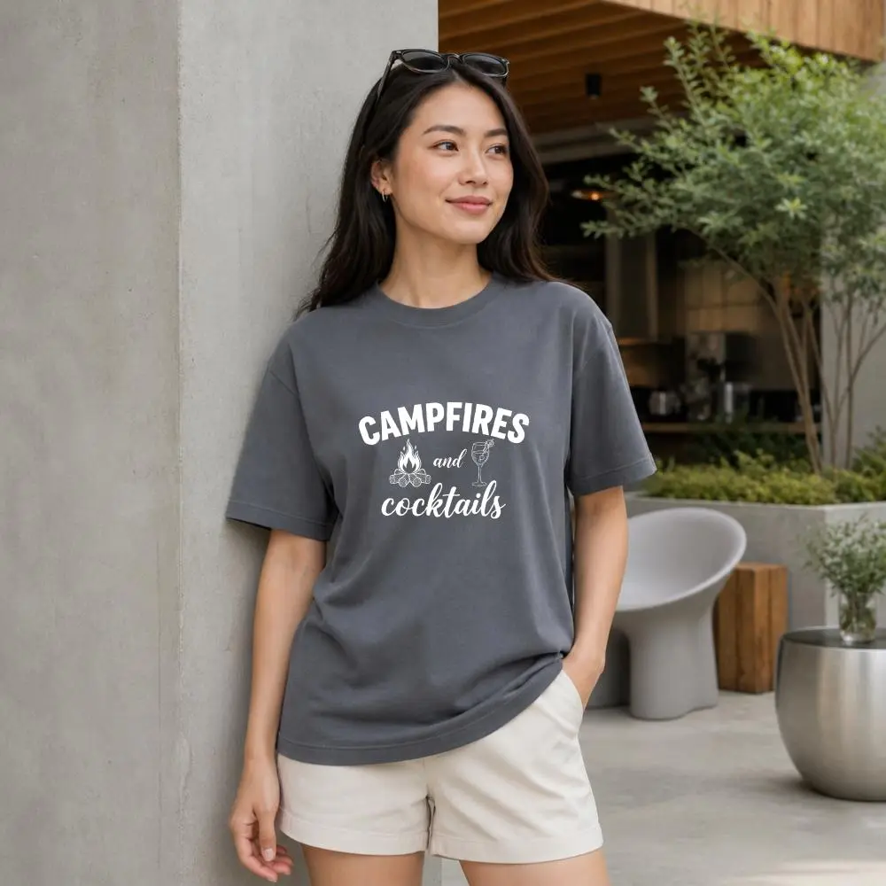 XTAUTO Casual Style, Unisex T-Shirt, Campfires And Cocktails Graphic, Summer Outdoor Camping, Gift For Friends And Couples