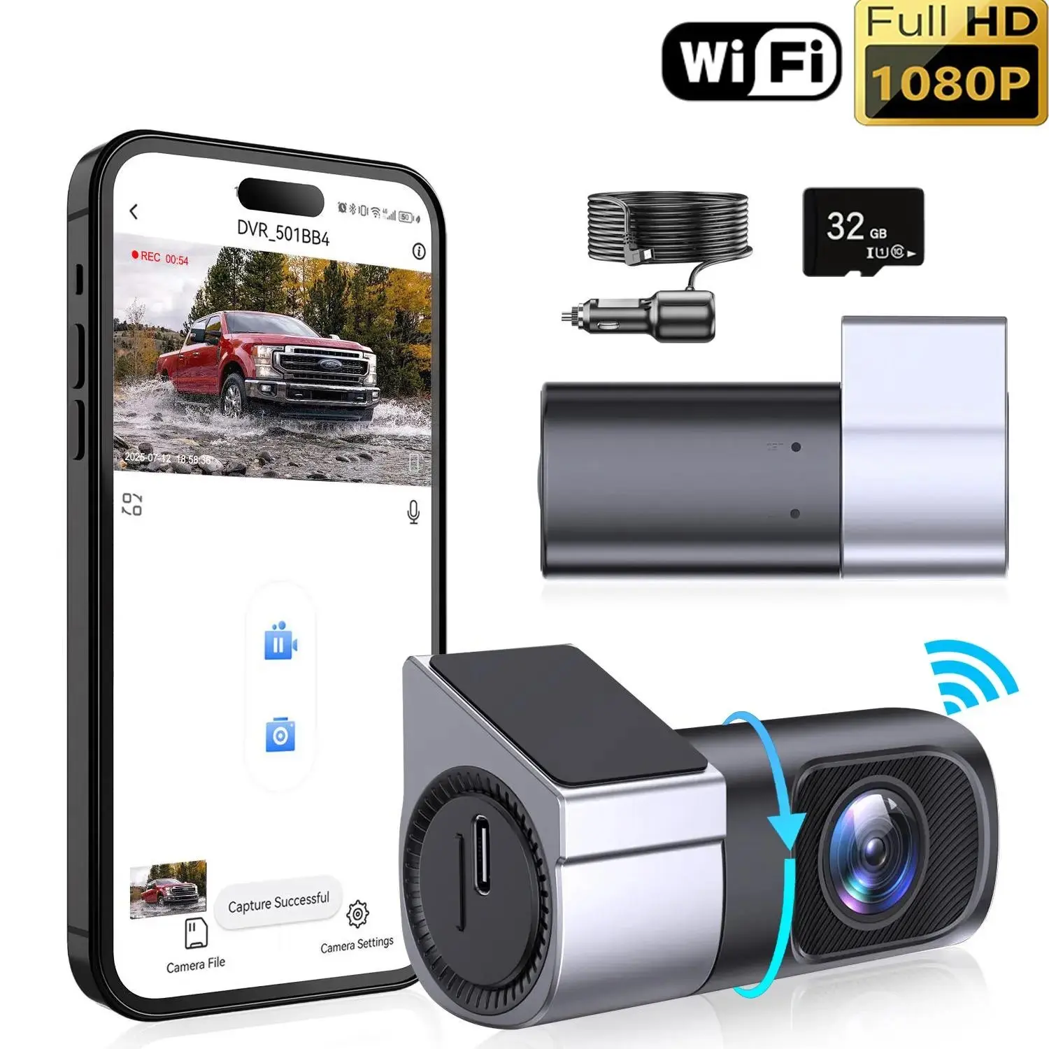 Wired WiFi Dash Cam 1080P HD ，Comes with a free 32GB TF card 360° Rotatable Mini Car Camera with Night Vision, Loop Recording, 24H Parking Monitor dvr card storage，car cameras