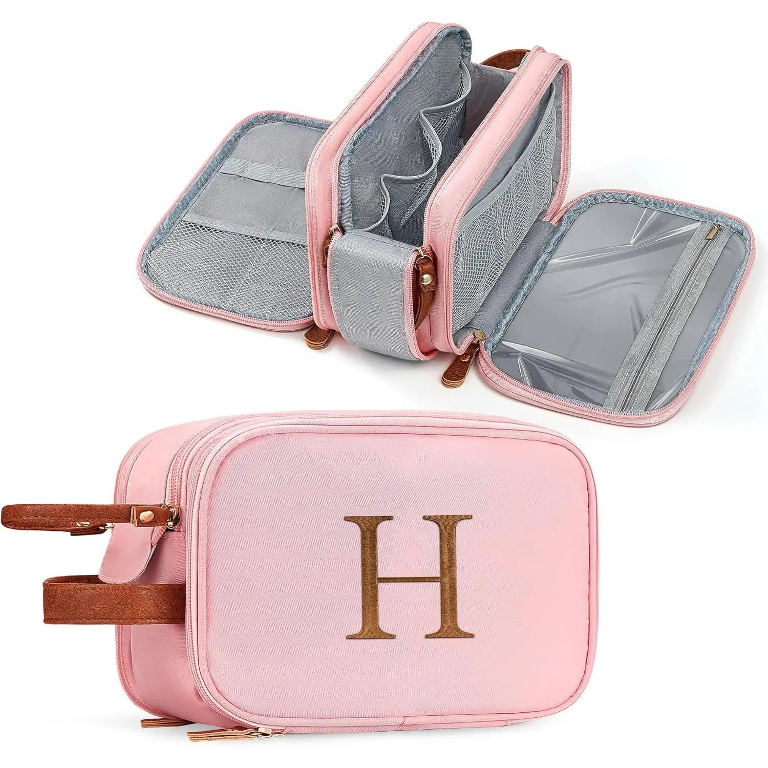 Large Toiletry Bag - Personalized Gifts for Mom Her Initial Travel Toiletry Bag Essentials for Women, Portable Organizer for Accessories, Brushes Set, Shampoo, Toiletries Letter H Pink
