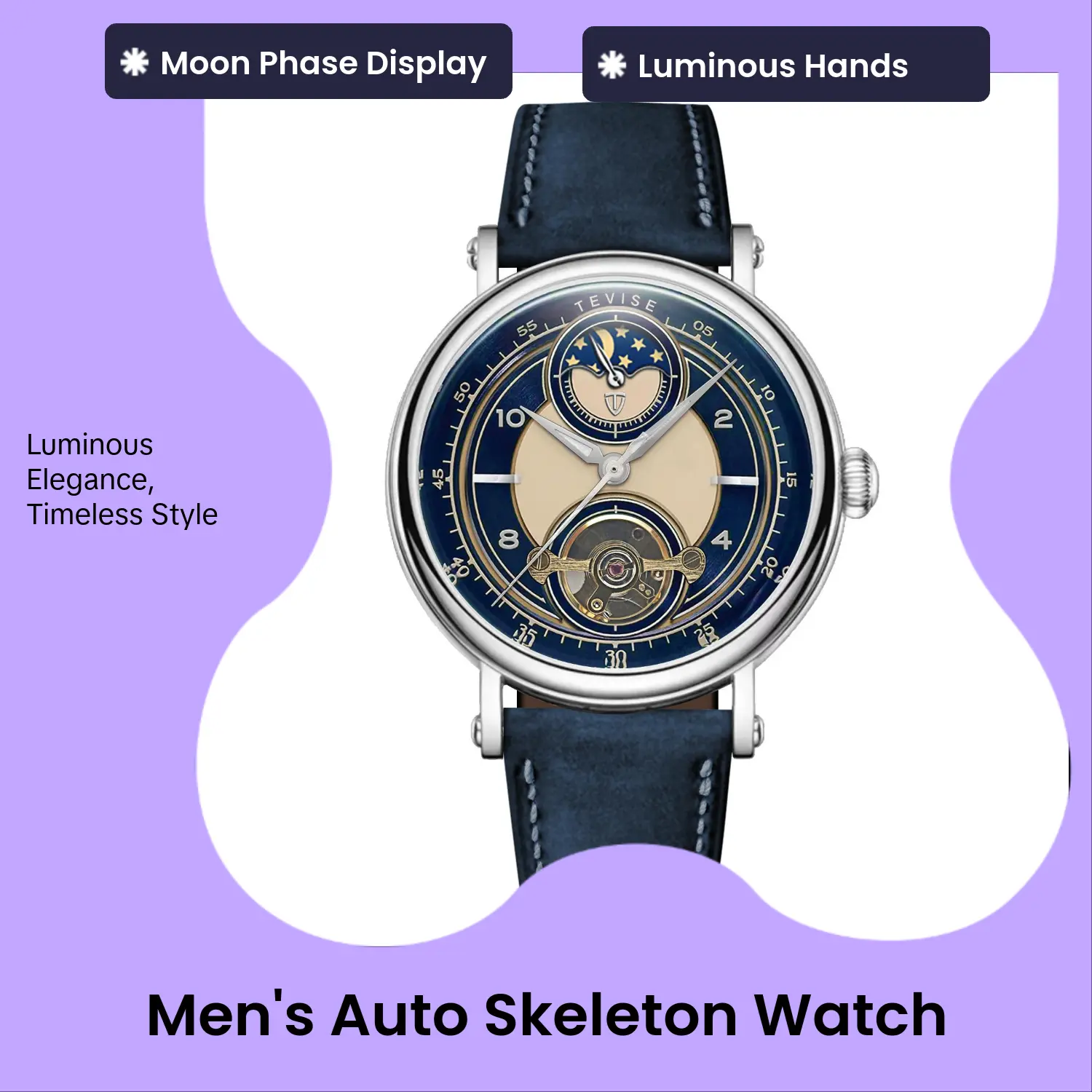 TEVISE Male Automatic Movement Watch - Skeleton Dial, Round Face, Leather Strap, Moon Phase, Luminous Hands, Ideal for Business Gifting, Father's Day Gift, Male Watch, Male Wear
