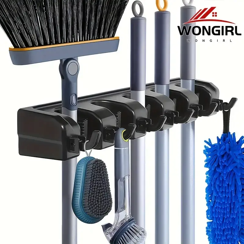 Heavy-Duty Wall-Mount Broom and Mop Holder, 5-Slot 6-Hook Space-Saving Utility Rack for Garden, Laundry Room and Garage Tools, Easy-Install Plastic Organizer