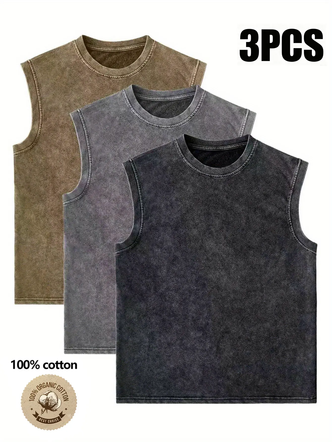 3-Pack Men’s Casual Sleeveless Tank Tops, Vintage Washed Black, Simple & Stylish, Suitable for Everyday Wear and Street Style