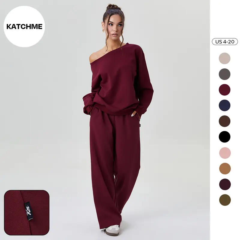 Katch Me Chic(US)Women's Leisure Solid Color Sloping Shoulder Long Sleeve Top & Wide Leg Trousers Co-ord Set & Separates, Minimalist Scoop Neck Loose Outfits, Casual Womenswear Soft Suits