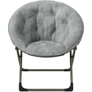 Faux Fur Saucer Chair, Foldable Moon Chair for Bedroom, Comfy Lounge Chair with Gold Metal Frame and Flower Design, Grey Plush Accent Chair for Living Room, Dorm, Kids & Adults,Grey