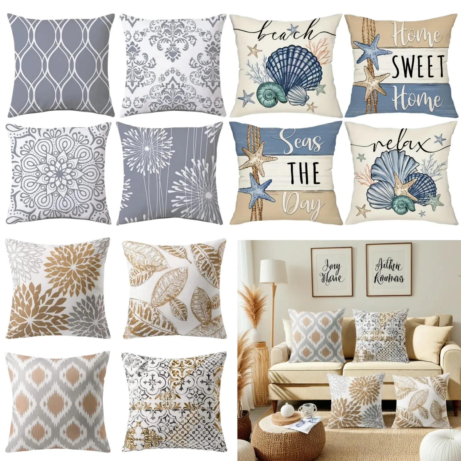 4-Pack 3-Style 18x18 in Floral Print Throw Pillow Covers - Grey Blue Brown Modern Elegant, Soft Grey Cushions, Home Decorative Cushion for Living Room, Porch (Without Pillow Inserts) Home Textile Outdoor Cushioned Furniture