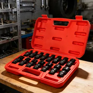 15PCS 3/8" Drive Shallow Universal Impact Socket Set, 6 Point, Metric, 8-22mm, 15-Piece Swivel Socket Set, Metric Flexible Wobble Sockets, CR-MO Steel