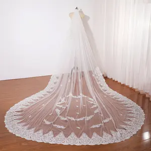 Cathedral wedding veil floral lace embroidery, Gorgeous handmade lace bridal veil, Single tier ivory veil, Soft tulle veil, Long wedding veil, Vintage church veil, Chapel length veil