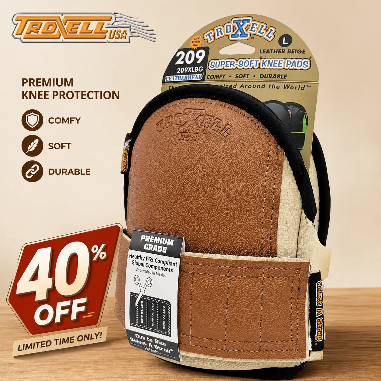 TROXELL USA SuperSoft Leatherhead Kneepads for Men & Women, Ultra Soft Cushion Non-Slip Neoprene Straps Durable Ergonomic Fit for Flooring Construction Work - (Large Size / Bagged in Pairs)
