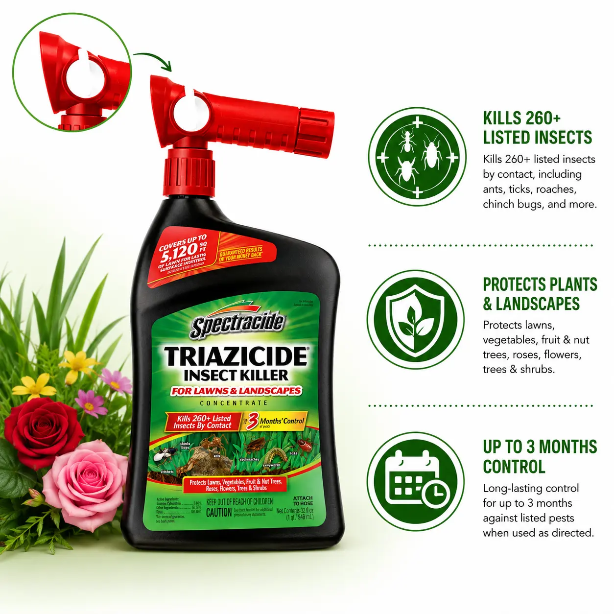 Triazicide Concentrate Formula Outdoor Insect Killer (Hose-End Ready Dilute Spray, 32 oz) - Controls Pests, Protects Lawns, Vegetables, Fruit & Nut Trees, Roses, Repels Deer Ticks, 3-Month Protection
