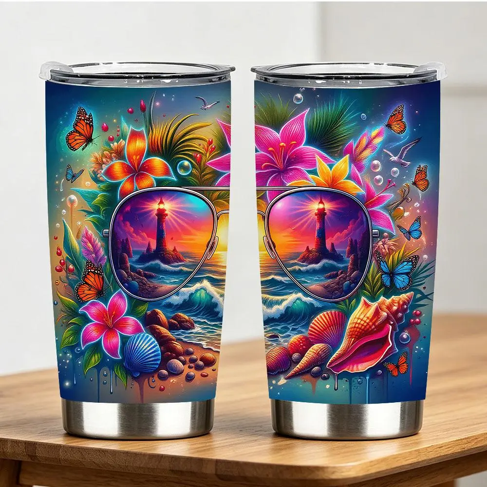 Insulated Coastal Travel Drinkware Gear - Lighthouse, Tropical Shell & Butterfly Printed Tumbler, 1pc, 12/18/20/22/30/40 oz, Summer Beach Holiday Gift