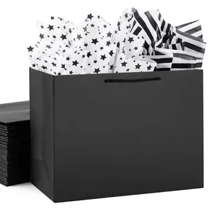 10 Pack Extra Large Black Gift Bags Large Gift Bags with Tissue Paper 16x6x12 inches Gift Bags for Small Business Bridal Showers Wedding Christmas