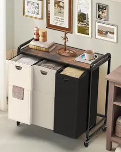3 Section Laundry Sorter, Laundry Basket with Wheels, 3*15.8 Gal (60L) Laundry Hamper Organizer with Large Wooden Desktop, Pull-Out Removable 900D Oxford Fabric Laundry Bags for Laundry Room