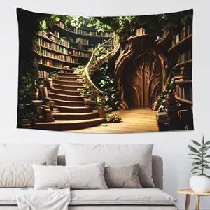 Fantasy Tree Library Book House Tapestry Wall Hanging, Vintage Bookshelf Staircase Backdrop Tapestry, Aesthetic Photography Background Decor for Living Room Bedroom Indoor Outdoor Party Wall Decor