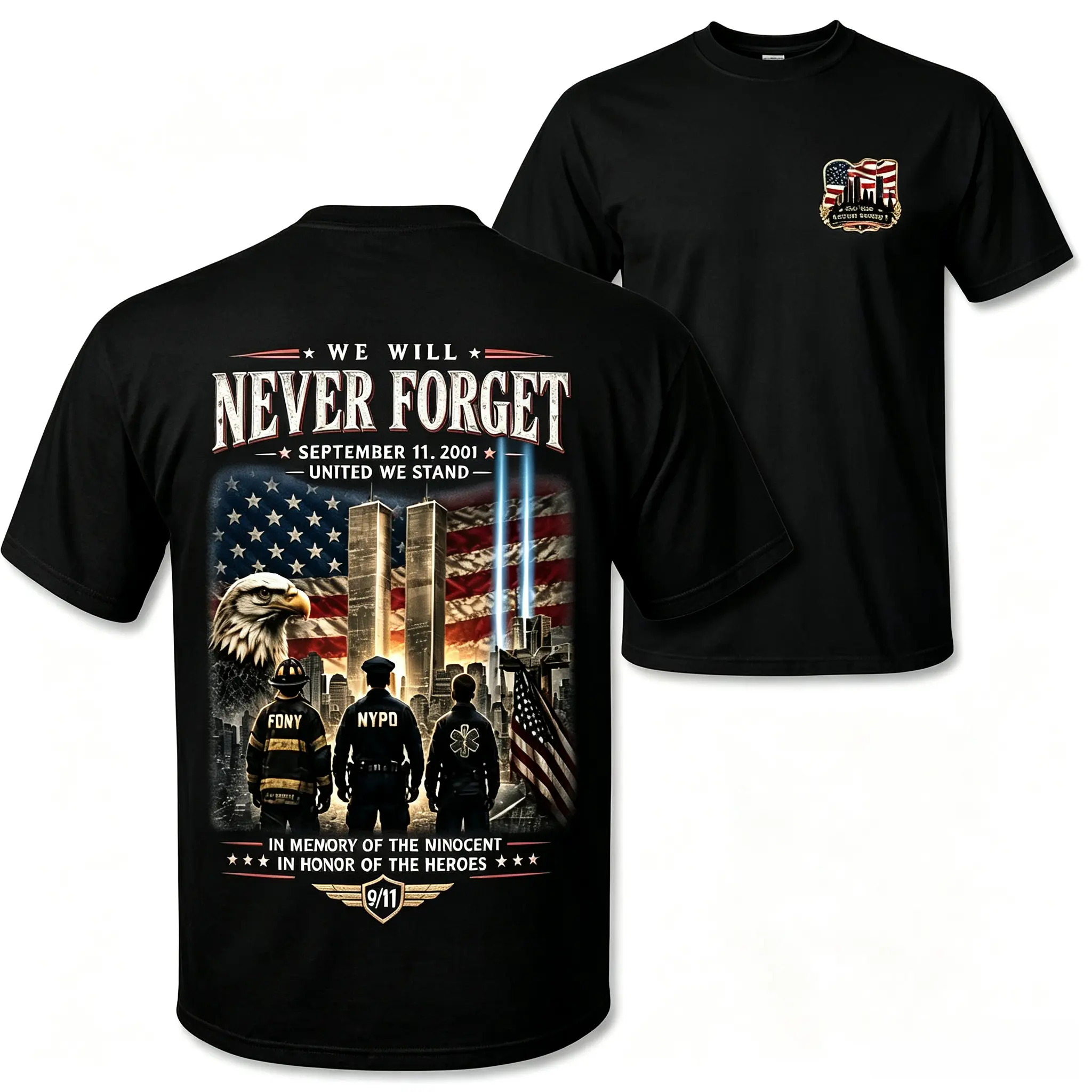 [MADE IN US] Women's 911 Memorial Graphic Print T-Shirt - Breathable Fabric, Multi-Size, Twin Towers American Flag Eagle First Responder Art, Machine Wash Gift For First Responders Patriots