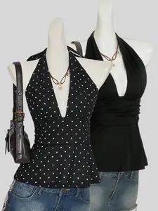 European & American Fashion Trend Solid Color Polka Dot Tie Women's Casual Fitted Vest Two-Piece Set, Stylish and Comfortable