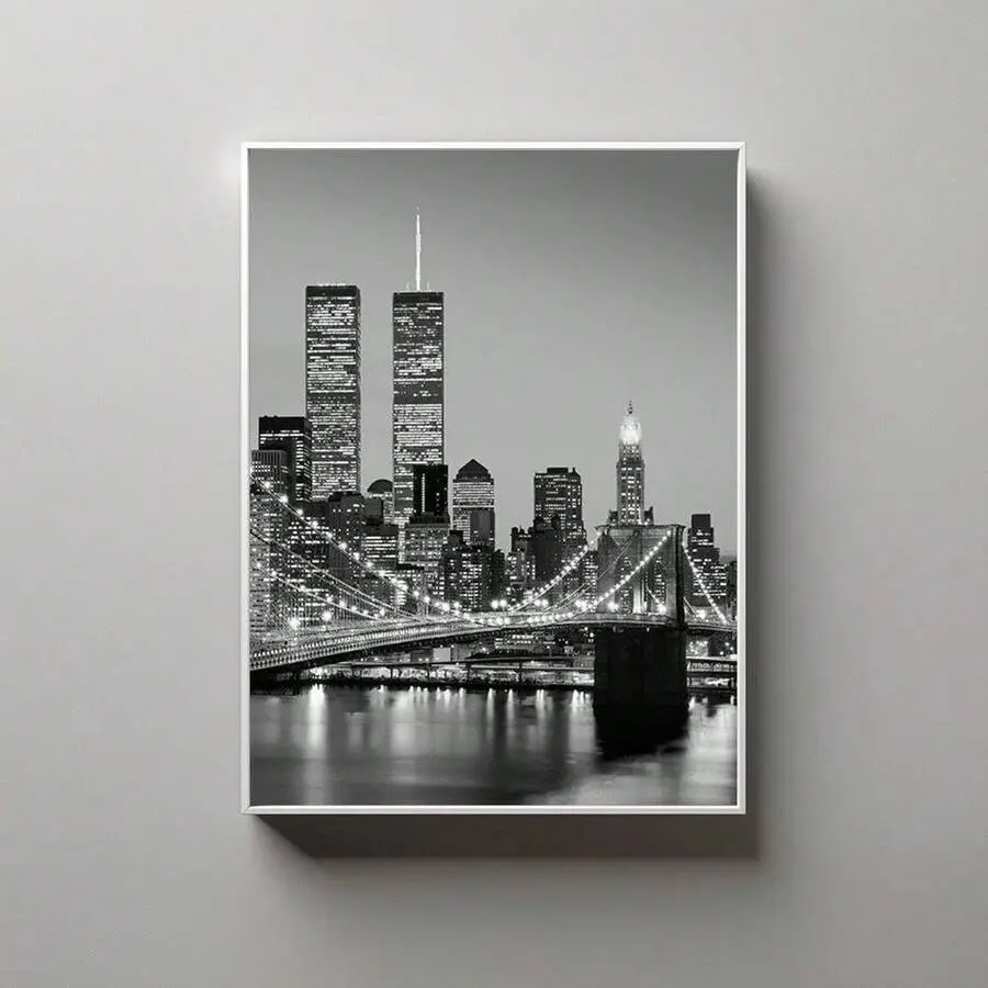 Unframed Artistic Black and White NYC Night Canvas Photo Print - NYC Skyline, Twin Towers, Brooklyn Bridge, Vintage Manhattan Building, Fade-Proof Multi-Size Home Decor for Living Room, Kid Room, Ideal Gift