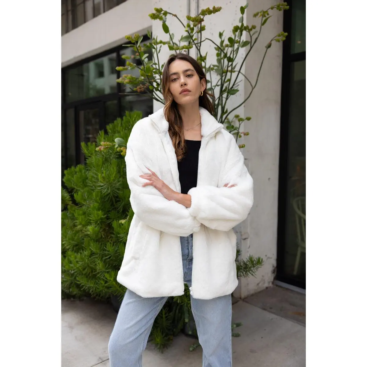 Fluffy Faux Fur Coat with Waist String - White