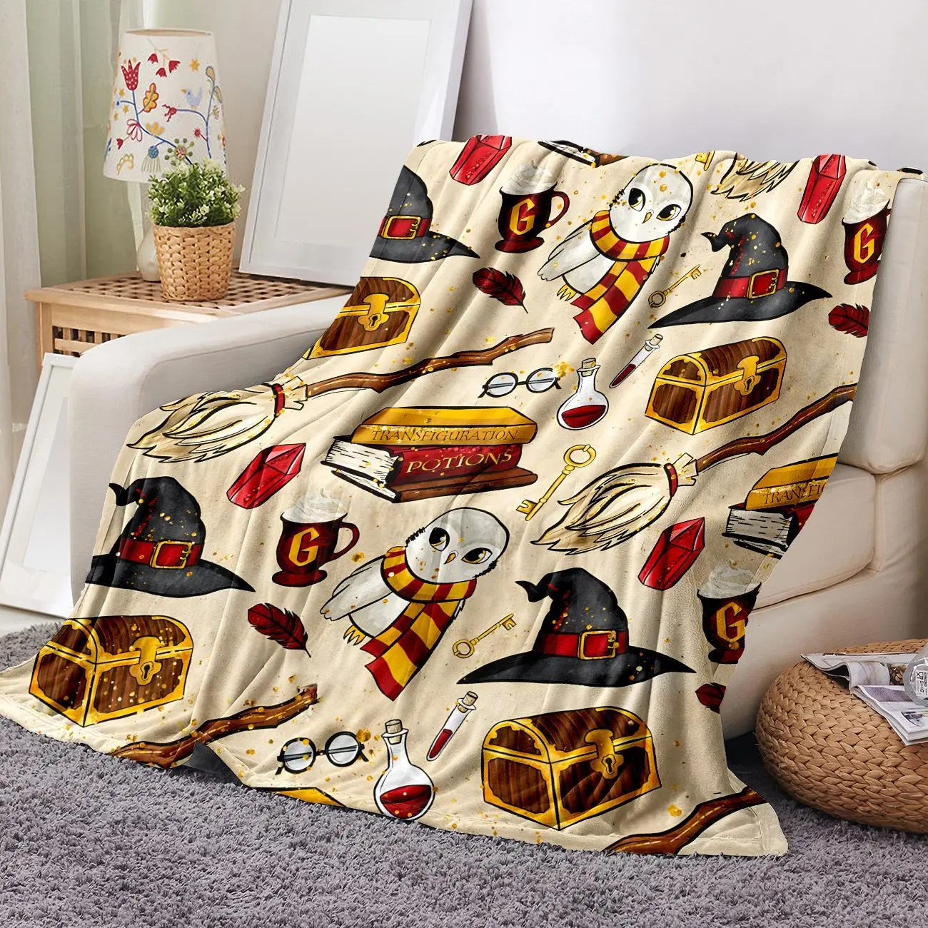 Harry Potter Pattern Soft Flannel Throw Blanket, Wizard School Character and Symbol Art for Bedroom Reading Nook and Fantasy Lounge Decor, Lightweight Bed Throw for Movie Night, Birthday Halloween Gift for Harry Potter Fans