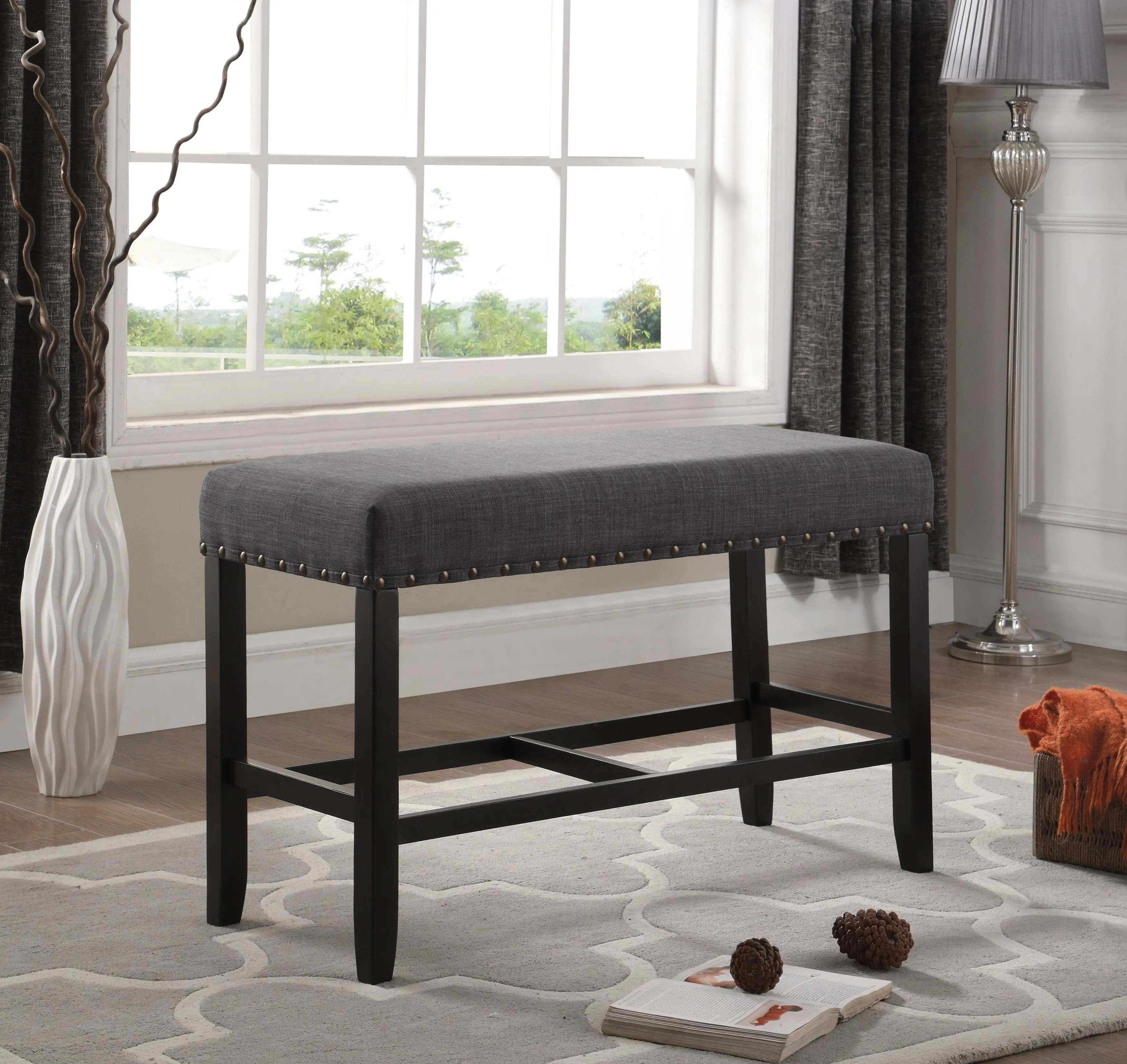 Biony Grey Fabric Counter Height Dining Bench with Nailhead Trim Biony Grey Fabric Counter Height Dining Bench with Nailhead Trim