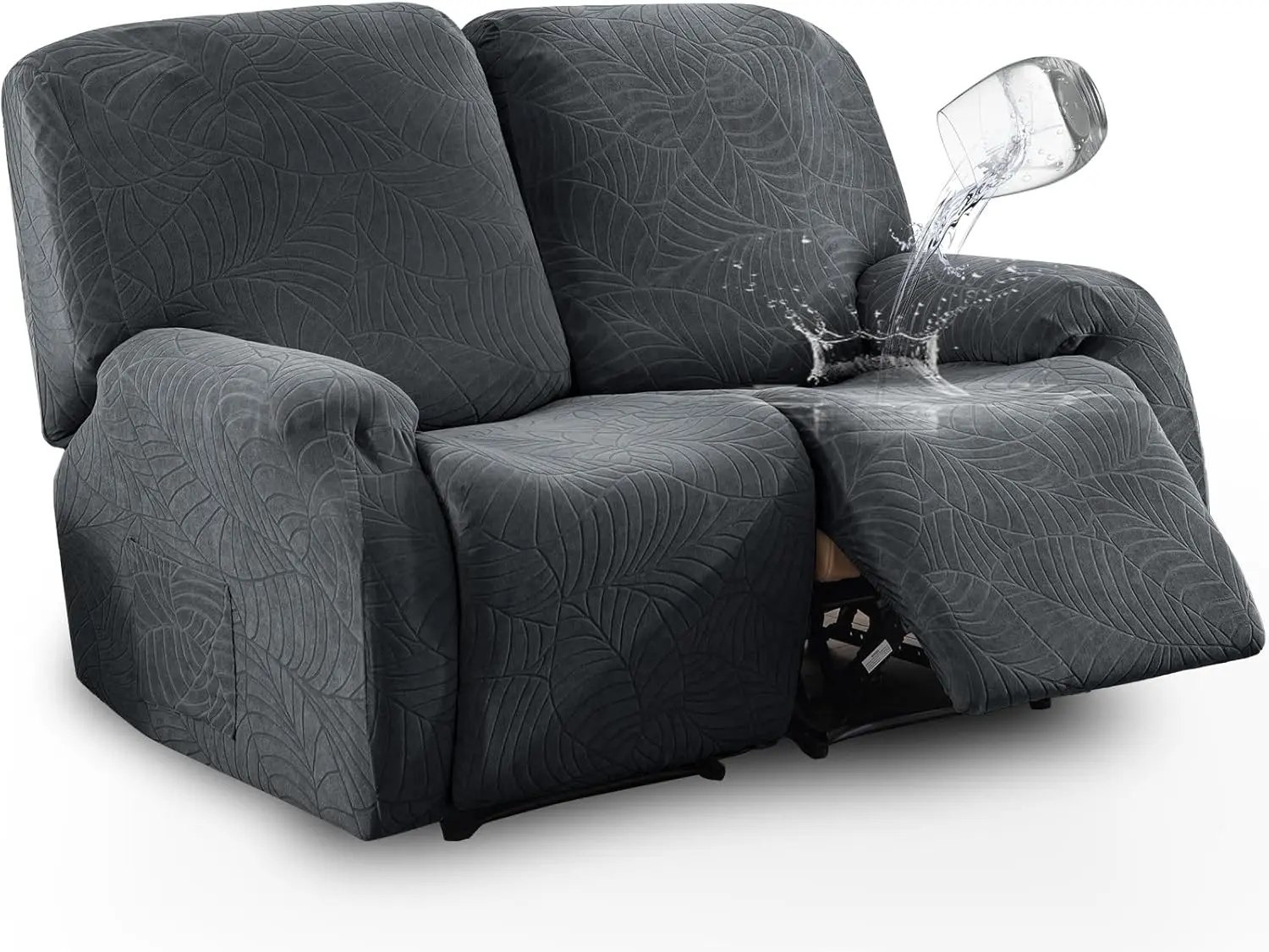 vctops Water Repellent 6 Pieces Recliner Loveseat Slipcover Leaf Jacquard Stretch Soft Sofa Couch Cover Anti-Slip Furniture Protector for Kids, Pets (Dark Grey,2 Seat)