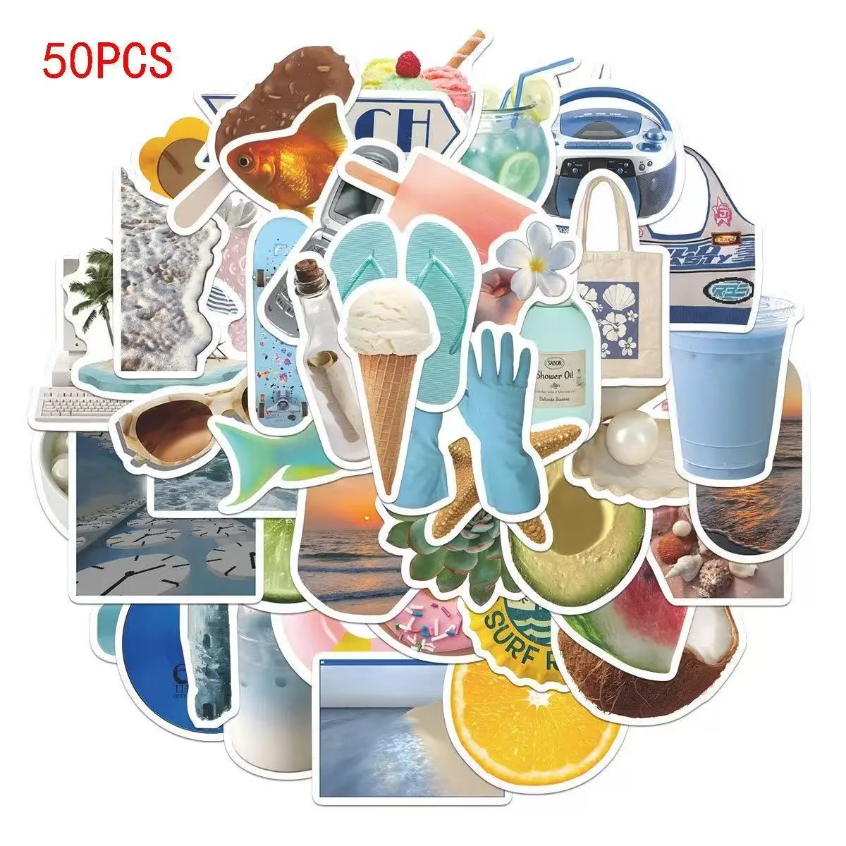 50Pcs Summer Beach Stickers Pack, Cute Stickers, Waterproof Coastal Aesthetic & Vacation Vibe Vinyl Decals for Laptop, Water Bottle, Journal & Scrapbook, Ocean Stickers, Decorative Stickers, Summer Lover Gift