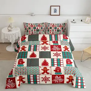Christmas Bed Comforter Set,Gingerbread Man Comforter Duvet,Geometric Plaid Luxury Bedding Set,Snowflake Xmas Theme Designer Bedding Sets