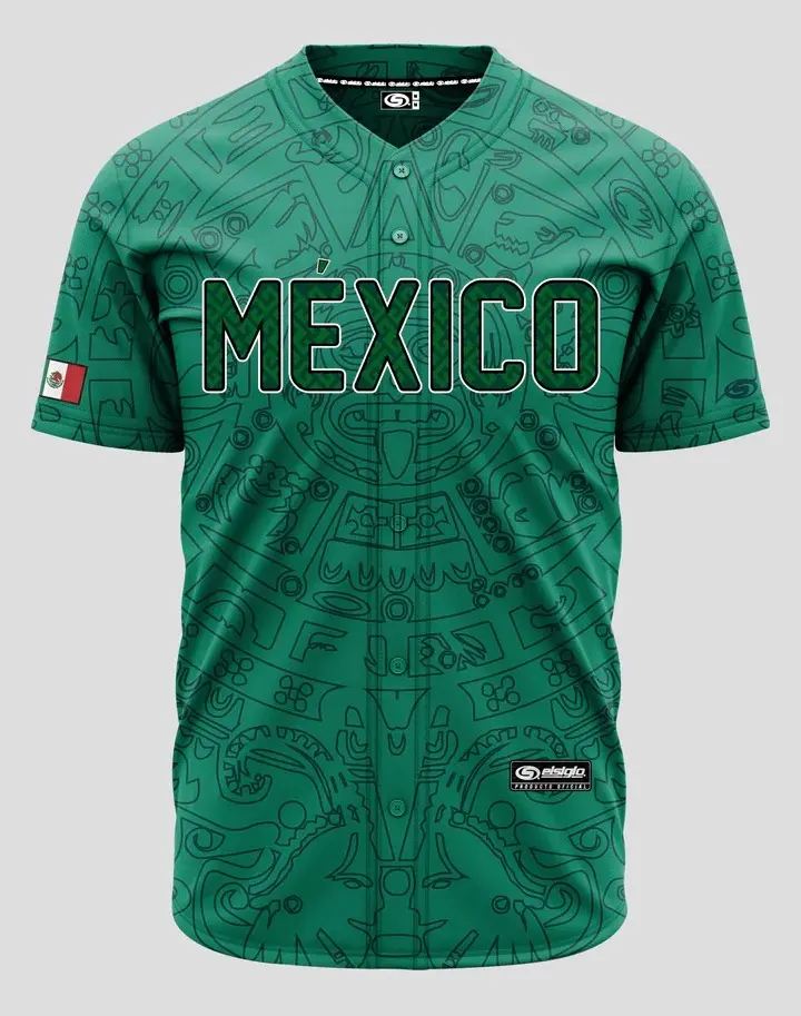 México Green Aztec Jersey - Fitted Unisex Short Sleeve Jersey for Baseball & Softball, Breathable Fabric, Machine Washable, Versatile Wear