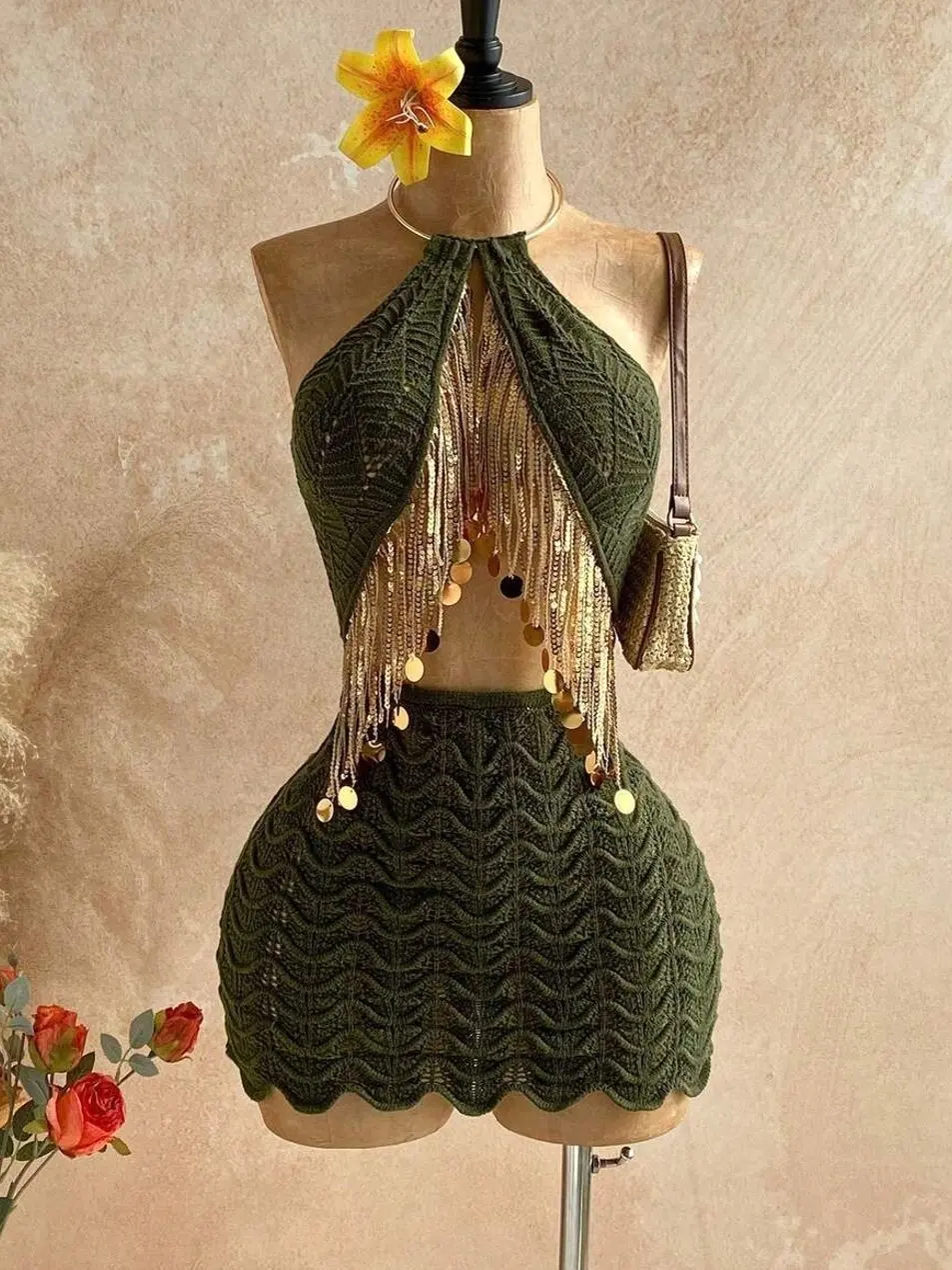 Sequin Tassel Backless Mini Dress, Halter Knit Vacation Beach Cover Up Summer Party Outfit for Women