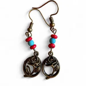 Handcrafted Bronze Beaded Dangle Earrings with Rose Charms Red & Turquoise Beads for Women