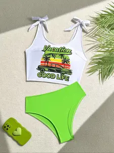 Women's Car & Letter Print Crop Top & Swim Bottom Bikini Set, Casual Fashion Swimwear Set for Beach Holiday Vacation, Ladies Summer Swimsuit