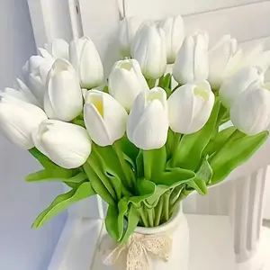 White Artificial Tulips 20 Stems Real Touch Faux Flowers Spring/Summer Decoration for Wedding Bouquet & Home Decor Elegant White Tulip Bouquet Decorative Ornaments Set
