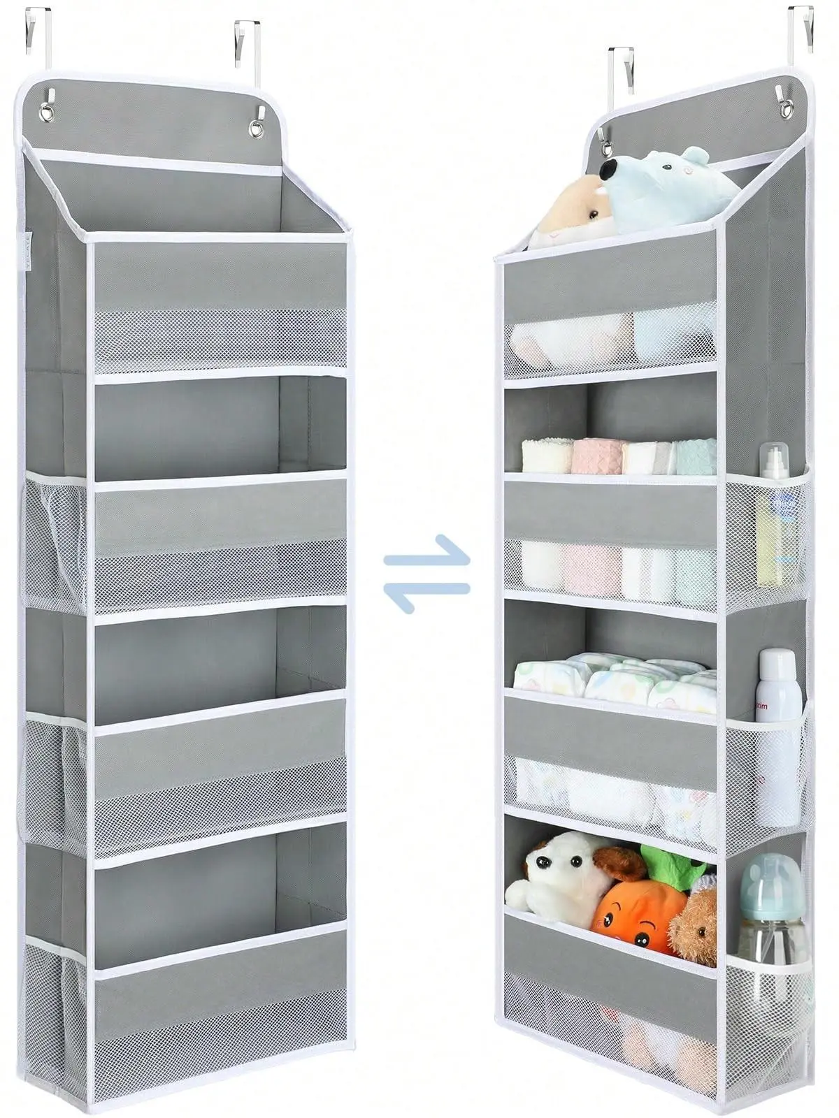 Over The Door Hangable Storage Organizer for Baby Nursery & Bathroom, 35.2lbs Load Capacity, Swing-Proof, 4 Bins, 6 Side Pockets for Newborn Essentials, Home Storage Organization Solution