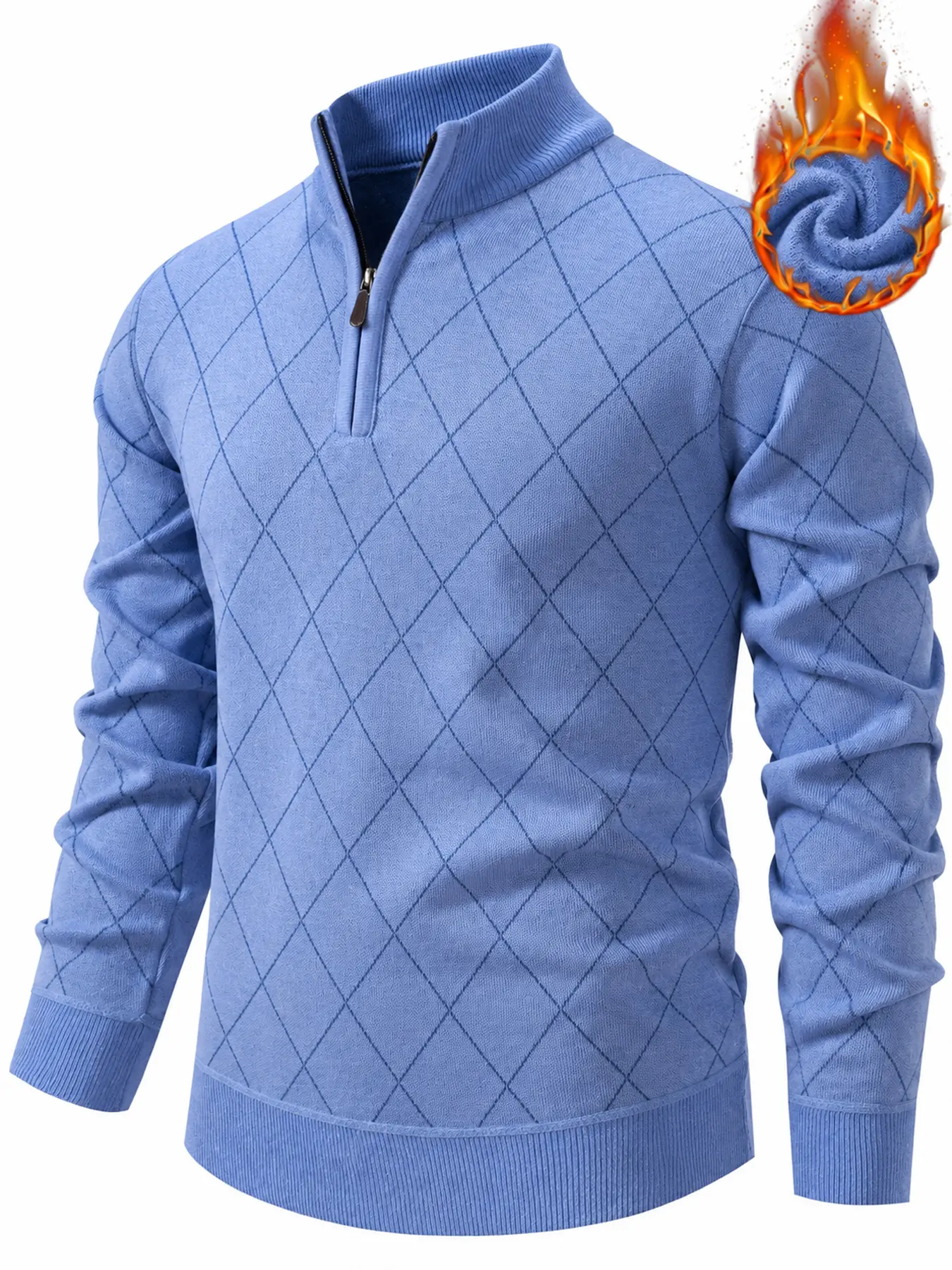 Men's Quarter Zip Sweater with Classic Argyle Diamond Pattern and Mock Neck Collar, Long Sleeve Pullover with Ribbed Cuffs and Hem for Smart Casual Office Outfits, Fall Layering, Travel, Weekend Plans and Everyday Wear