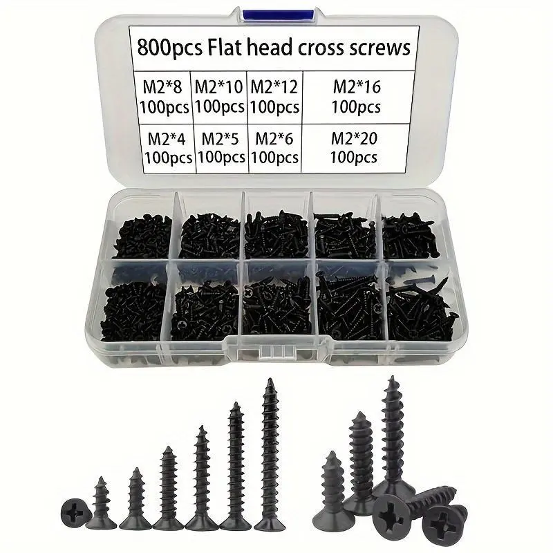 800pcs M2 Black Phillips Self Tapping Screw Assortment Kit, Locking Screws And Wood Screws, Self Drilling Screws, Hardware