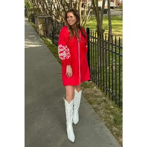 Women's Feminine Casual Wear Babydoll Dress - Lightweight Fabric, Delicate Embroidery Sleeves, Breathable, Red