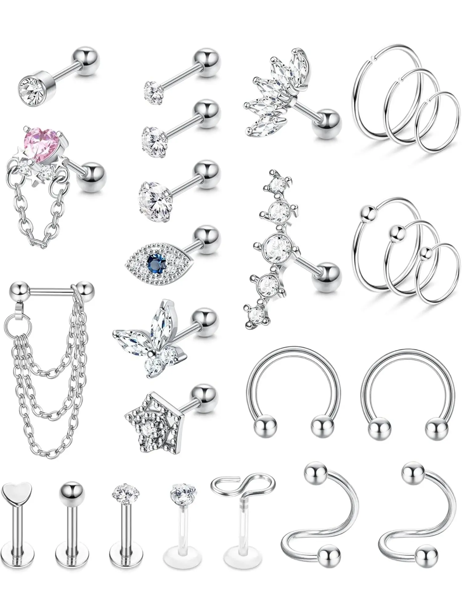 Shining 26 Pcs Silvery Hypoallergenic Conch Piercing Jewelry Stainless Steel Earrings for Women Men Helix Tragus Daith Piercing Jewelry Conch Earrings Cartilage Earrings Sparkling CZ Stud Hoop Earrings Helix Pierced Ring