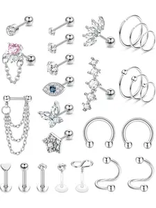 Shining 26 Pcs Silvery Hypoallergenic Conch Piercing Jewelry Stainless Steel Earrings for Women Men Helix Tragus Daith Piercing Jewelry Conch Earrings Cartilage Earrings Sparkling CZ Stud Hoop Earrings Helix Pierced Ring