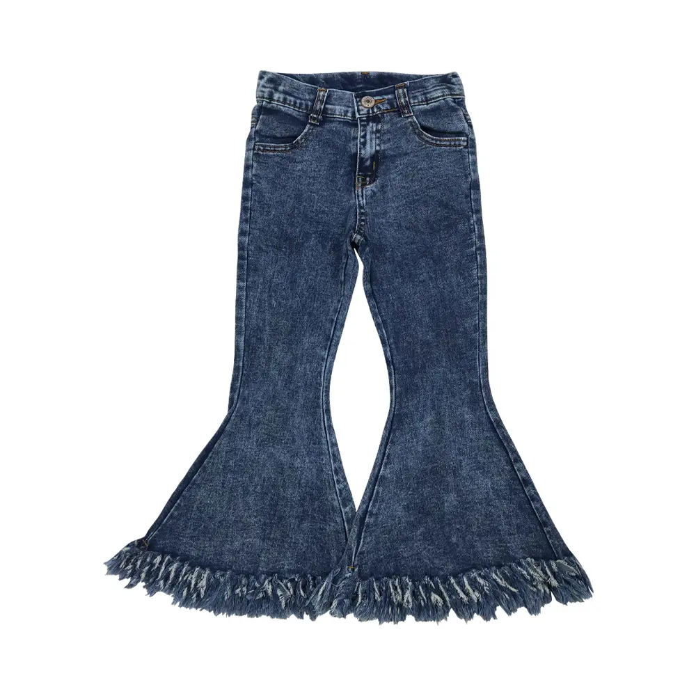 Girls' Denim Jeans, Casual Mid Waist Bell Bottoms with Frayed Tassel Hem, All-Seasons Fashion for Toddler Girls, Casual Jeans, 4T, 2T, True Size, 12-18M, All Season, Basic Look, Denim Fabric, Blue Jeans, Fringe