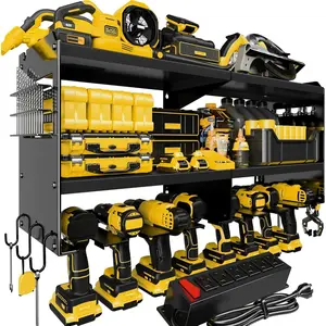 Power Tool Organizer Wall Mount with  Station, 15 Min Assembly & Maximum 420lb Load by Heavy Duty Metal, 8 Slots for Cordless Drill, Tool  Holder with 6 Outlet Power Strip