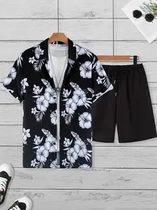 Men's Summer Two-Piece Fitted Set, Tropical Floral Print Short Sleeve Button-Up Hawaiian Style Beach Shirt & Shorts Combo, Casual Fashion, Outfit