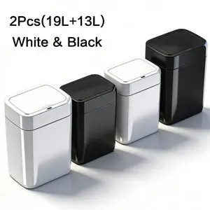 2 Pack Smart Trash Cans (19L + 13L) | Touchless Motion Sensor Automatic Garbage Cans | Quiet Soft Close Odor Proof | Slim Space Saving Design | Black White | Kitchen Bathroom Office (Batteries Not Included)