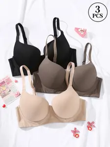 3PCS Women's Plus Size Seamless Bras with Adjustable Straps, Push-Up Underwire Lifted Anti‑sagging Slimming Comfortable Everyday Bra, Side & Tummy Smoothing Soft Wide Bottoms for Daily Wear