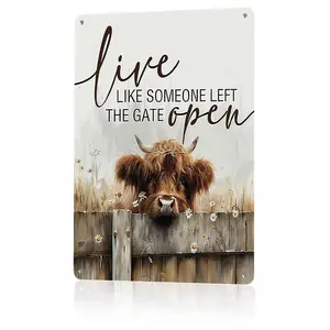 Live Like Someone Left The Gate Open Highland Cow Metal Sign 12x8 In Aluminum, Vintage Farmhouse Tin Sign, Retro Highland Cow Wall Art for Farm, Home Decor, Rustic Cow Plaque for Cow Lover, 12x8 Inch Aluminum Sign