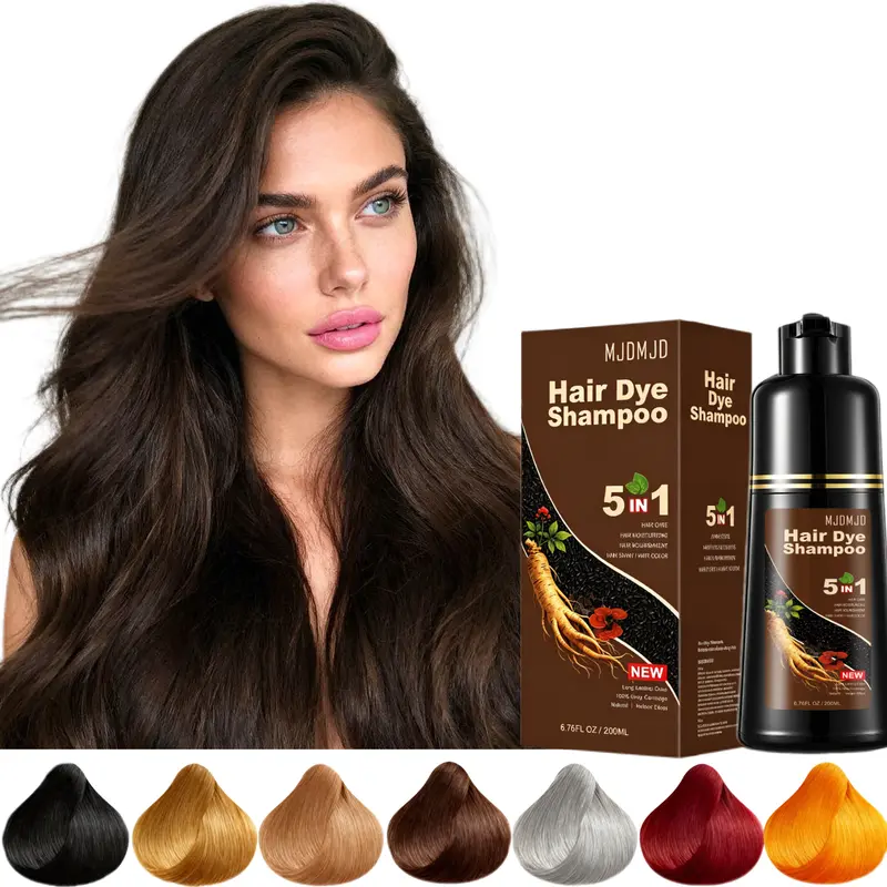 MJDMJD Dark Brown 5-in-1 Herbal Hair Dye Shampoo - No Bleach Temporary Hair Color, Wild Ginseng Nourishing Formula, Gentle Gray Coverage for Adults, Portable 6.76 Fl Oz Haircare
